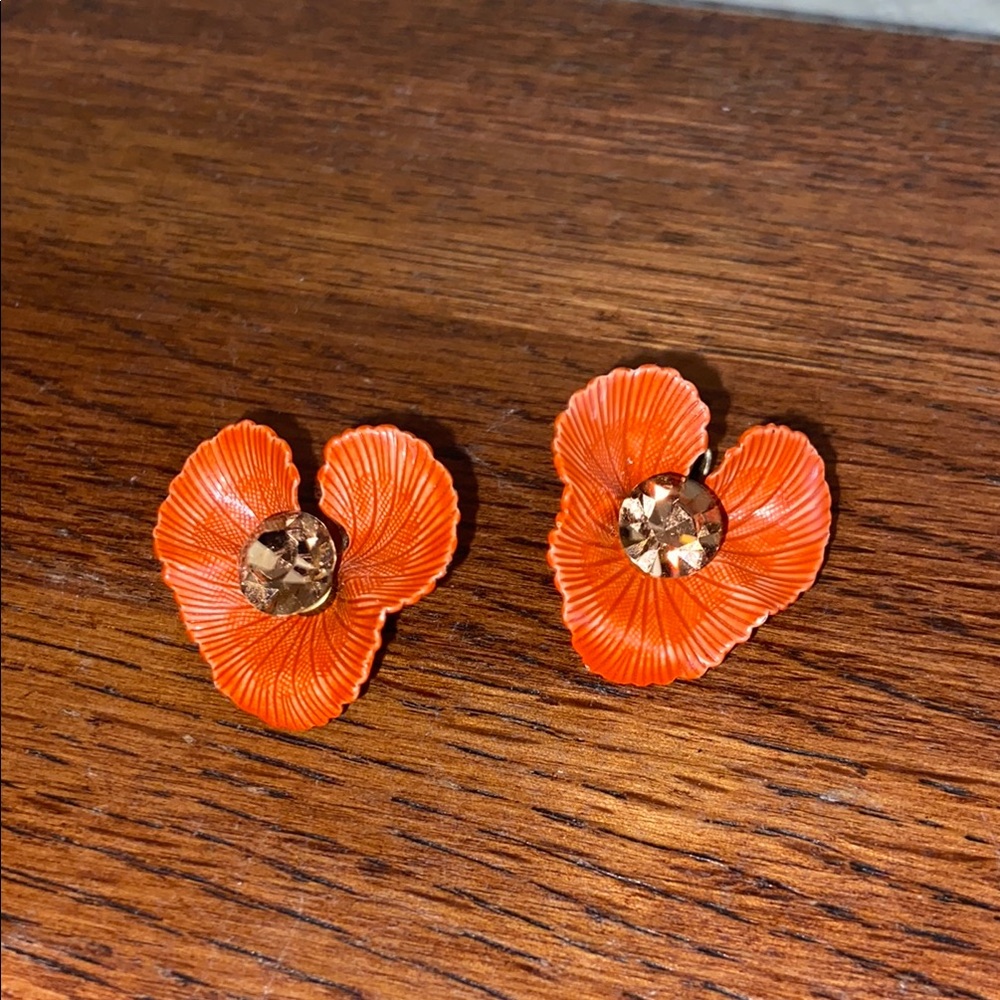 Vintage LISNER AMBER RHINESTONED Orange Floral CLIP ON Earrings